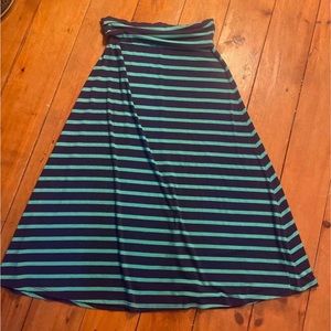 Teal and navy blue striped fold over boho maxi yoga skirt one size